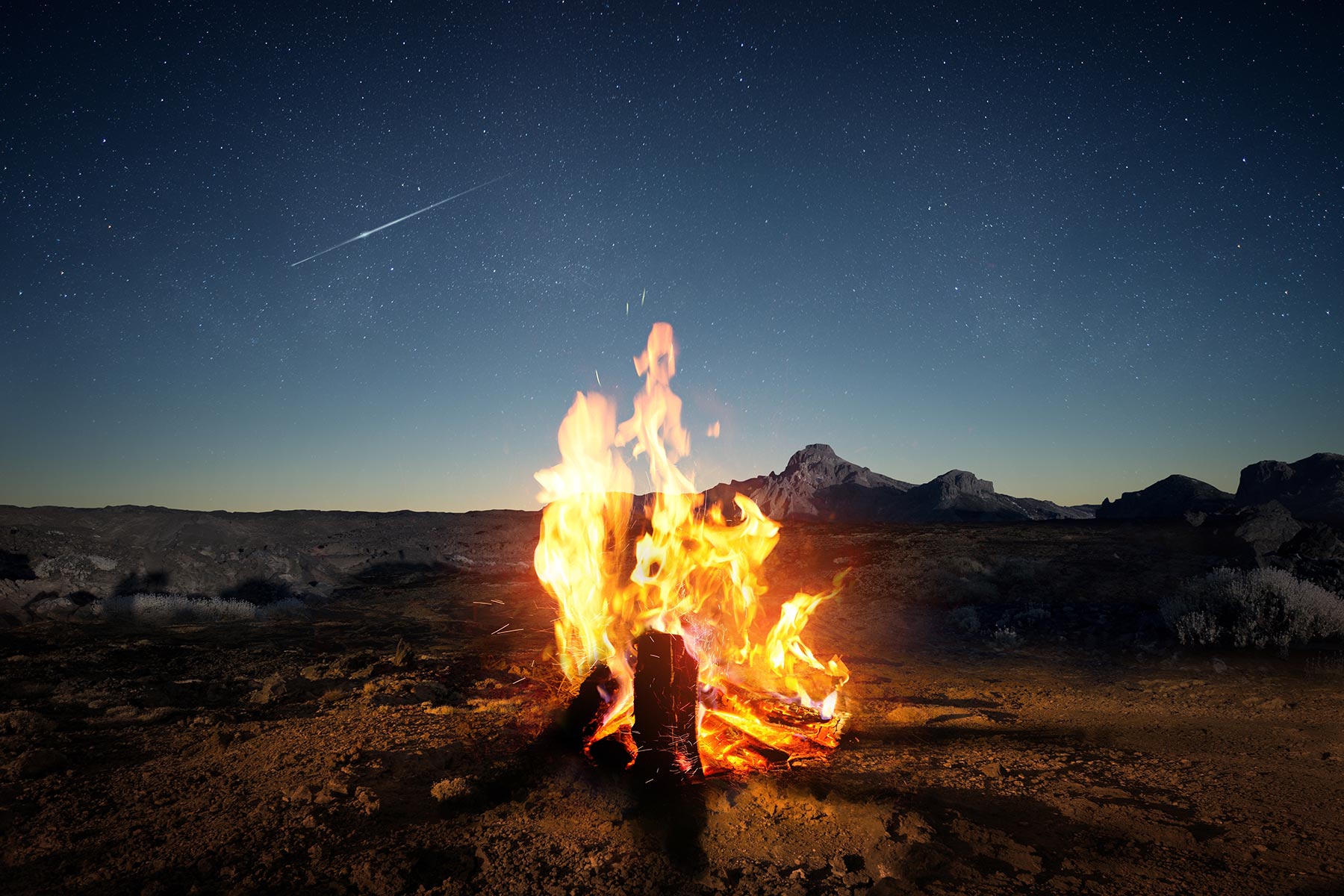 Campfire in wilderness at night